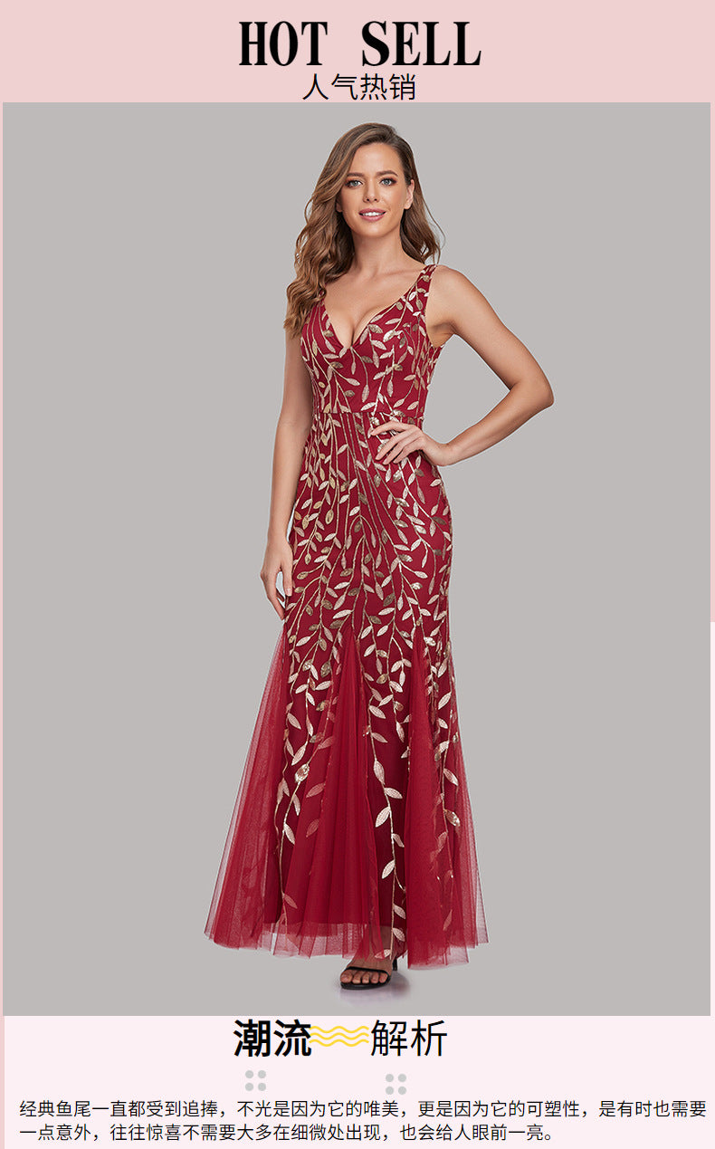 New 2023 Dress Sexy Dress Sleeveless V-neck Embroidery Sequin Slim Fishtail Bridesmaid Evening Dress for Women