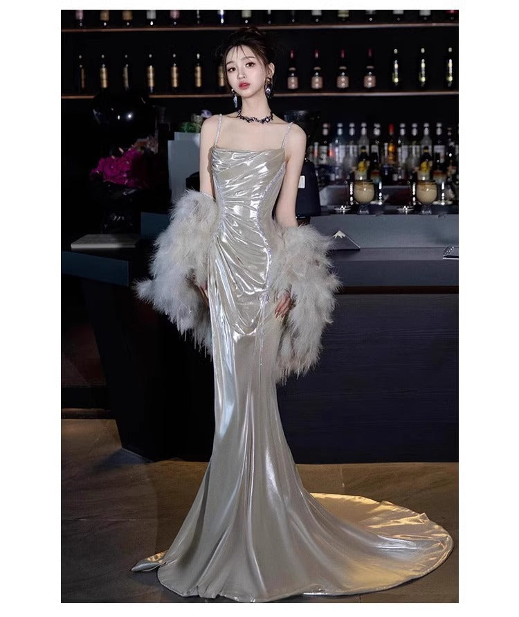 Silver Shiny Evening Dress Morning Gowns 2024 New High-End Sense Light Luxury Minority Birthday Party Sling Toast Dress
