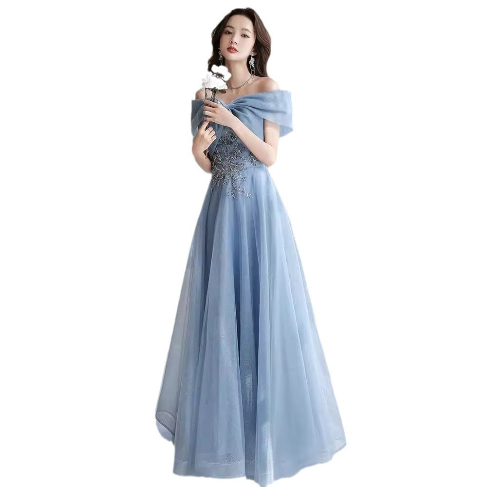 off-Shoulder Blue Evening Dress for Women Banquet Temperament French Entry Lux Niche High-End Host Art Exam Chorus Clothing