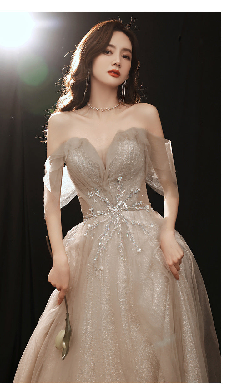 Banquet Evening Dress 2024 New off-Shoulder Dignified Socialite Champagne Dress Host Dinner Annual Meeting Gift