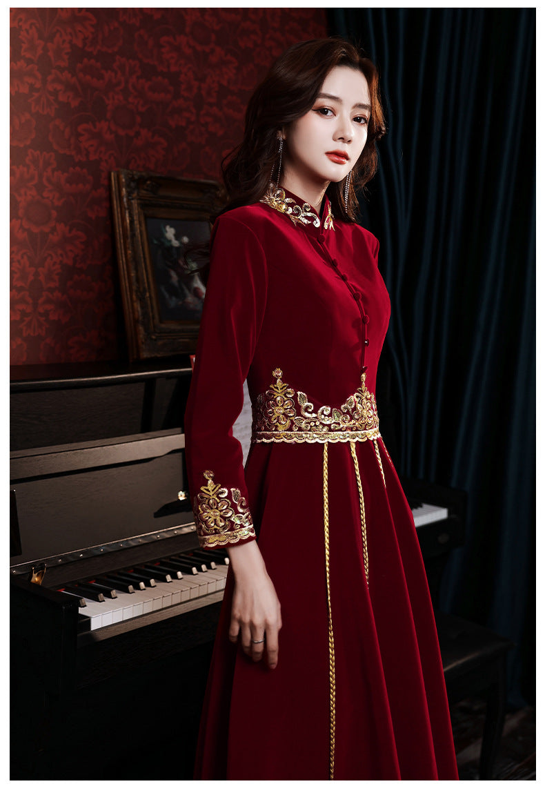 Toast Dress Bride 2024 New Autumn Velvet Chinese Style Wedding Evening Dress Engagement Back-to-Door Banquet Toast