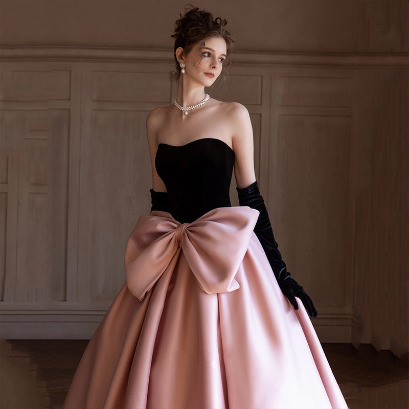 Princess Evening Dress Prom dresses Ball gown dinner party pink skirt Light Luxury Minority Adult Ceremony Birthday Party Bow Bra Trailing Dress  👑 Shimmering Day H00233