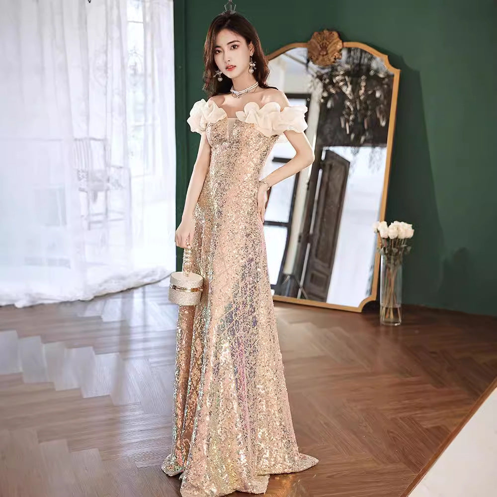 off-Shoulder Sequined Evening Dress for Women 2024 New Host Annual Meeting Bel Canto Solo Vocal Music Art Test Champagne Gold