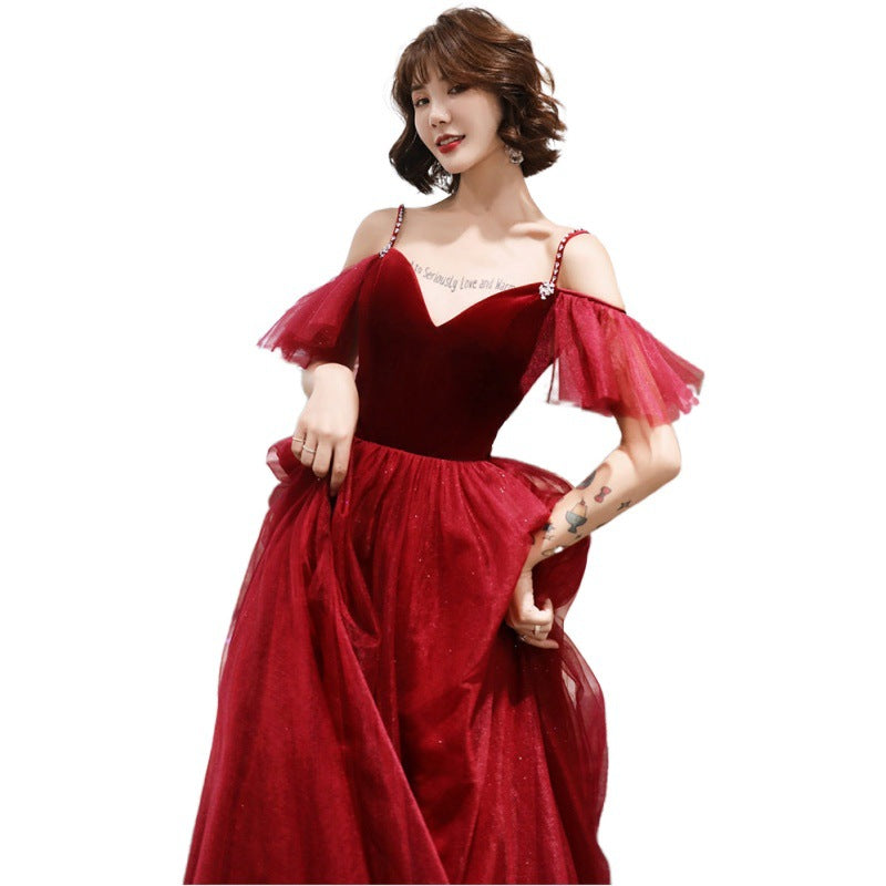 Toast Dress Bride Wine Red Dress Slimming Temperament 2022 New Banquet Strap Handmade Marriage Engagement Dress