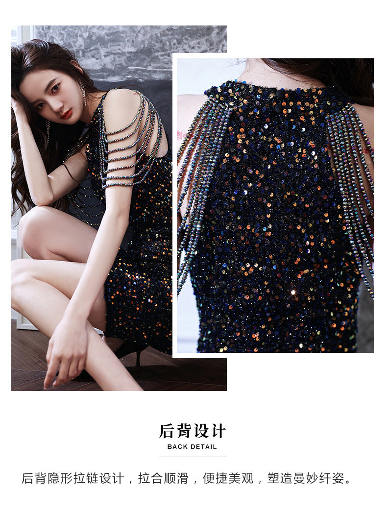 Black Evening Party Dress Sequined New Banquet Short-Length Halter Fishtail Socialite Gathering Temperament Host Jumpsuit Skirt