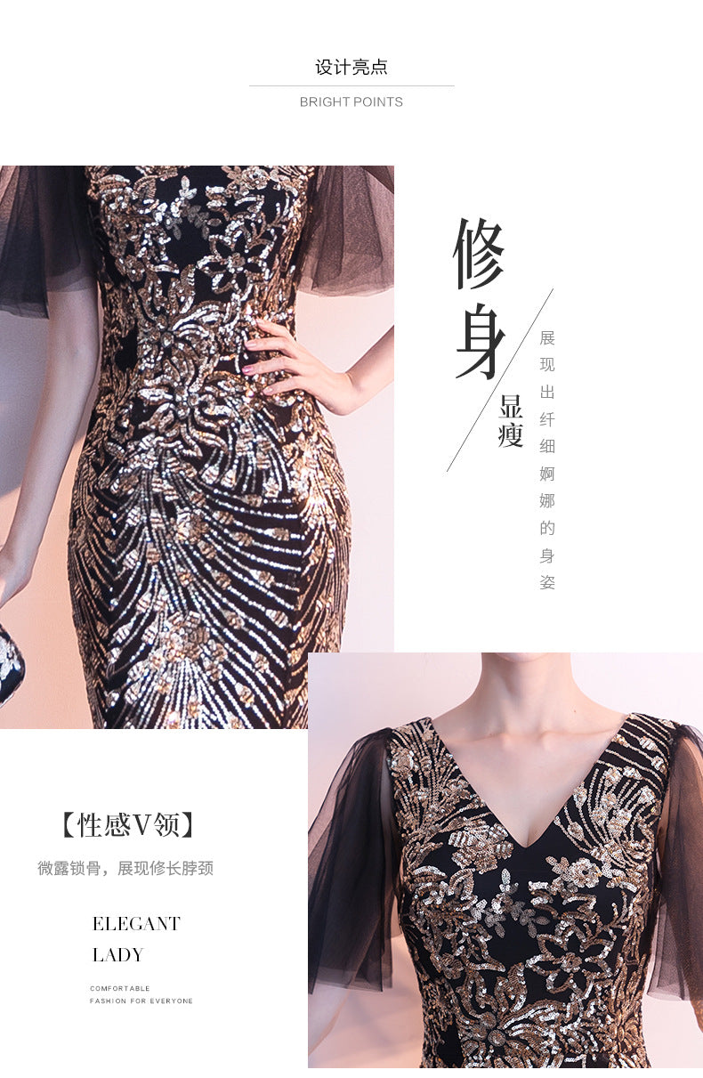 Evening Dress for Women 2024 New Banquet Socialite Gathering Long Style with Medium Sleeves V-neck Black Paillette Host Fishtail