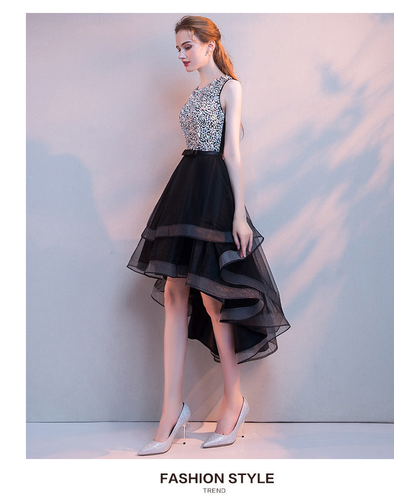 Black Evening Dress Women's New Banquet Noble Performance Front Short Back Long Host round Neck Sequins Small Dress Stage
