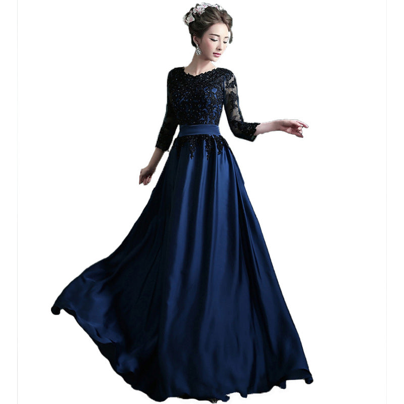 Blue and Black Mid-Length Long-Sleeved Bridal Wedding Dress 2024 New Autumn and Winter Banquet Annual Meeting Performance Host Long Evening Dress