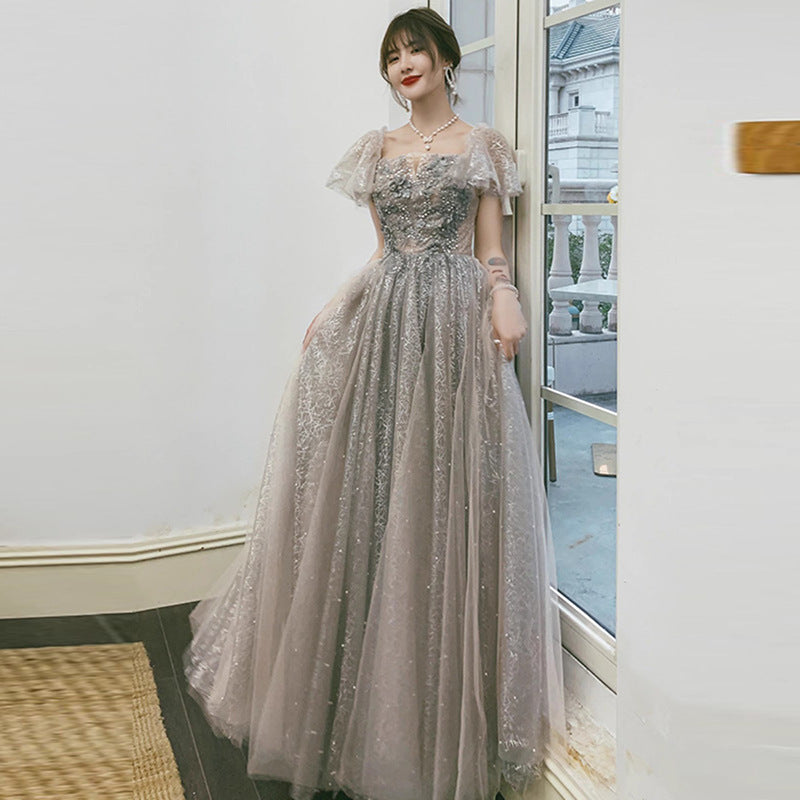 Gray Evening Dress for Women 2024 New High-End Banquet Fairy Temperament Birthday Vocal Music Art Test Dress Light Luxury Minority