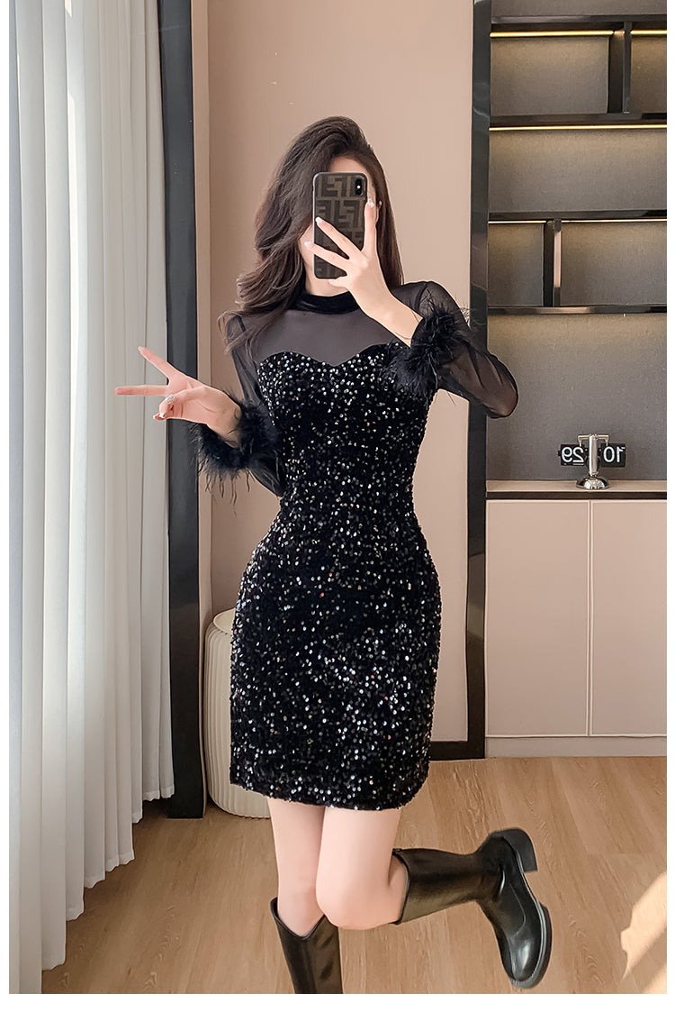 2023 Mesh Stitching Sequins Dress Women's French Entry Lux Sexy Waist Trimming Banquet Dress Sheath Black Dress