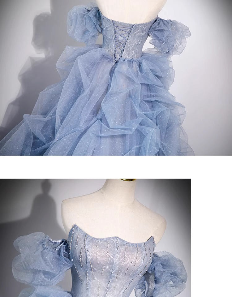 off-Shoulder Evening Dress Haze Blue Piano Performance Adult Ceremony Wedding Dress Bel Canto Solo Blue Gauze Skirt Art Test H2839