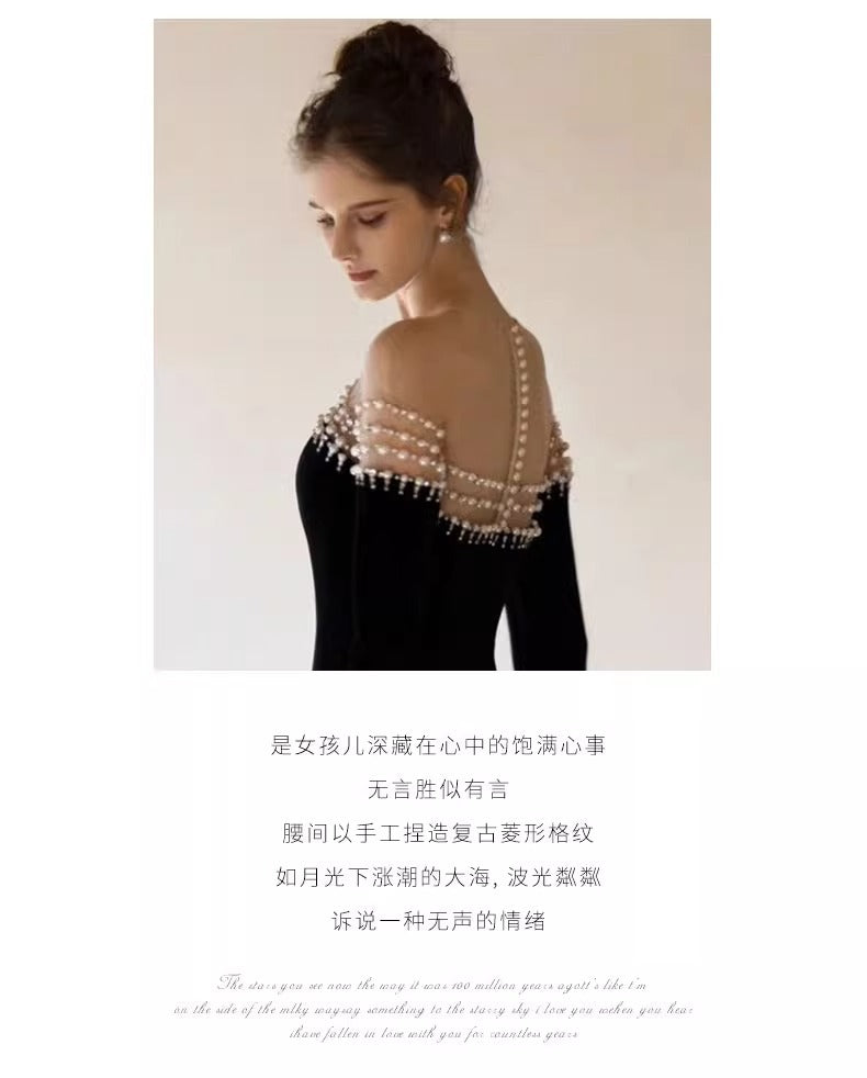 French Style Hepburn Wind Black Evening Dress 2024 New Long-Sleeved Pearl off-Shoulder Fishtail Costume