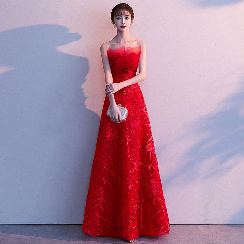 Toast Dress Bride 2024 New Autumn Winter Sexy Strapless Long Type Slimming Wedding Appreciation Dinner Red Evening Dress for Women