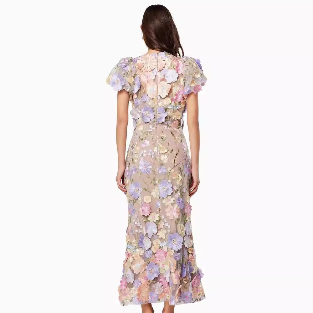 Spring 2024 Cross-Border New Arrival Light Luxury round Neck Embroidered Three-Dimensional Flower Puff Sleeve Mid-Length Dress Hip Skirt