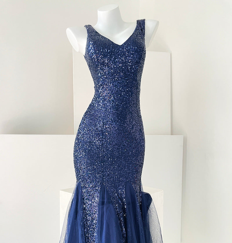 Mermaid Banquet Evening Dress 2024 New High-Grade Fine Glitter Dress Mesh Fishtail Dress Small Dress