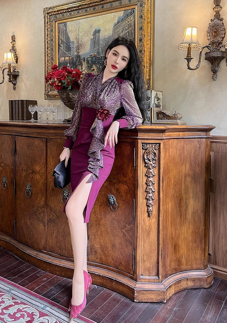 New Fall Women's Clothing Slim Fit Slimming Long Sleeves Dress Elegant High Sense Light Luxury Minority Red Engagement Dress