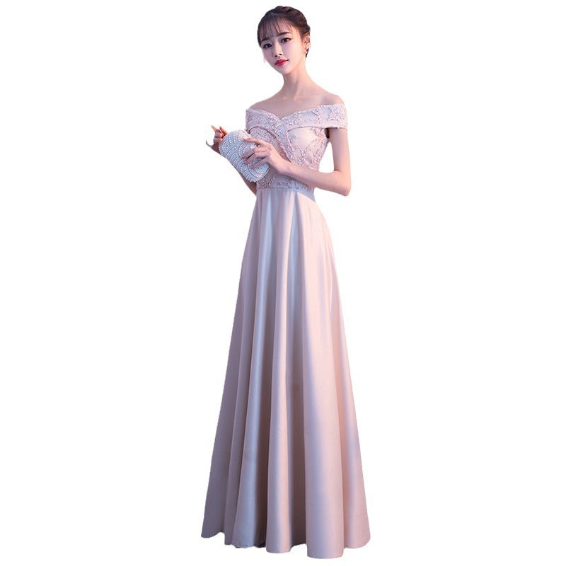 Banquet Evening Dress 2024 Autumn New Korean Style Elegant off-Shoulder Long Slimming Bridesmaid Dress for Women