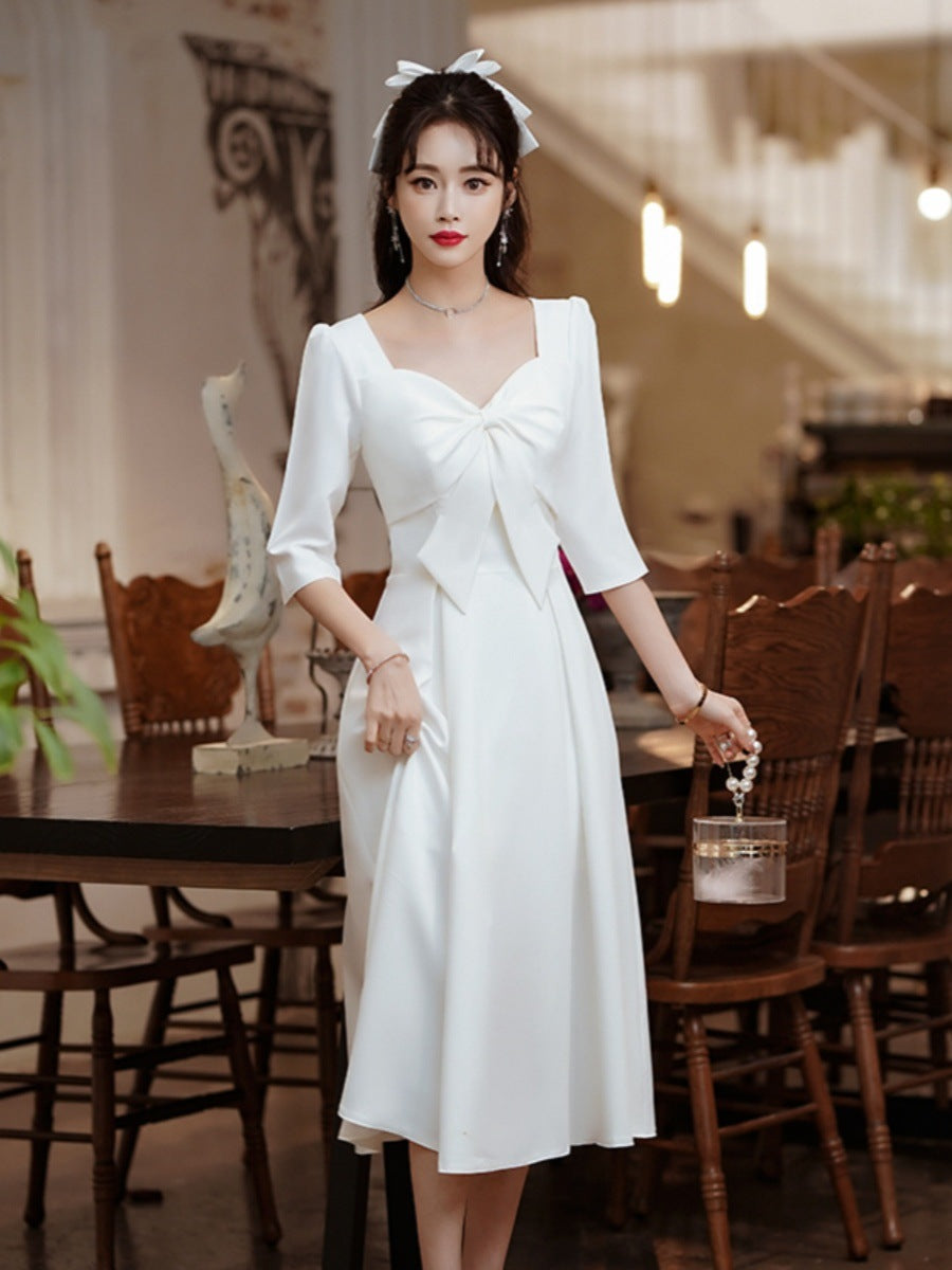 Evening Dresses Party Gown Ball Dinner Dress White Long Sleeve Flower Bowket Cocktail H263