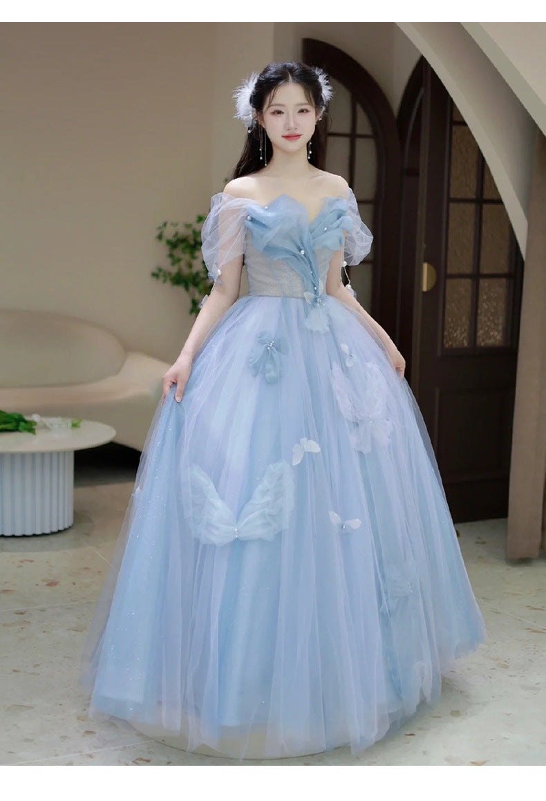 Blue Banquet Evening Dress for Women 2024 New High-Grade Princess on the Run Toast Dress Fairy Light Luxury Annual Meeting Dress