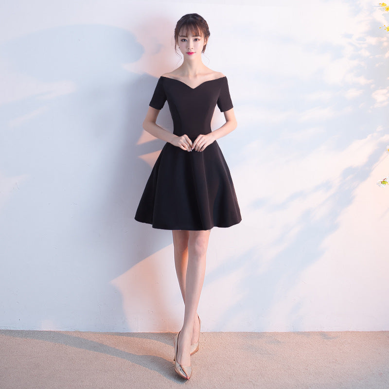 Banquet Evening Dress for Women, Short New Style, Slimming Elegant Princess Off-Shoulder Korean Version Bodycon Dress