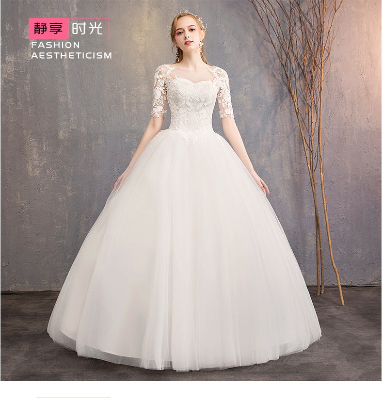 Wholesale Primary Wedding Dress 2024 New off-Shoulder Half Sleeve Floor-Length Simple Lightweight Wedding Dress French Retro Female Manufacturer