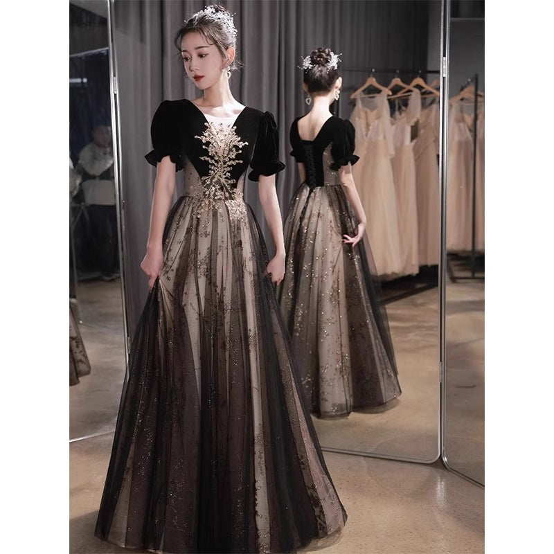 Banquet Evening Dress 2024 New Hepburn Style Annual Meeting Elegant Black Host's Dress Student Art Exam Dress