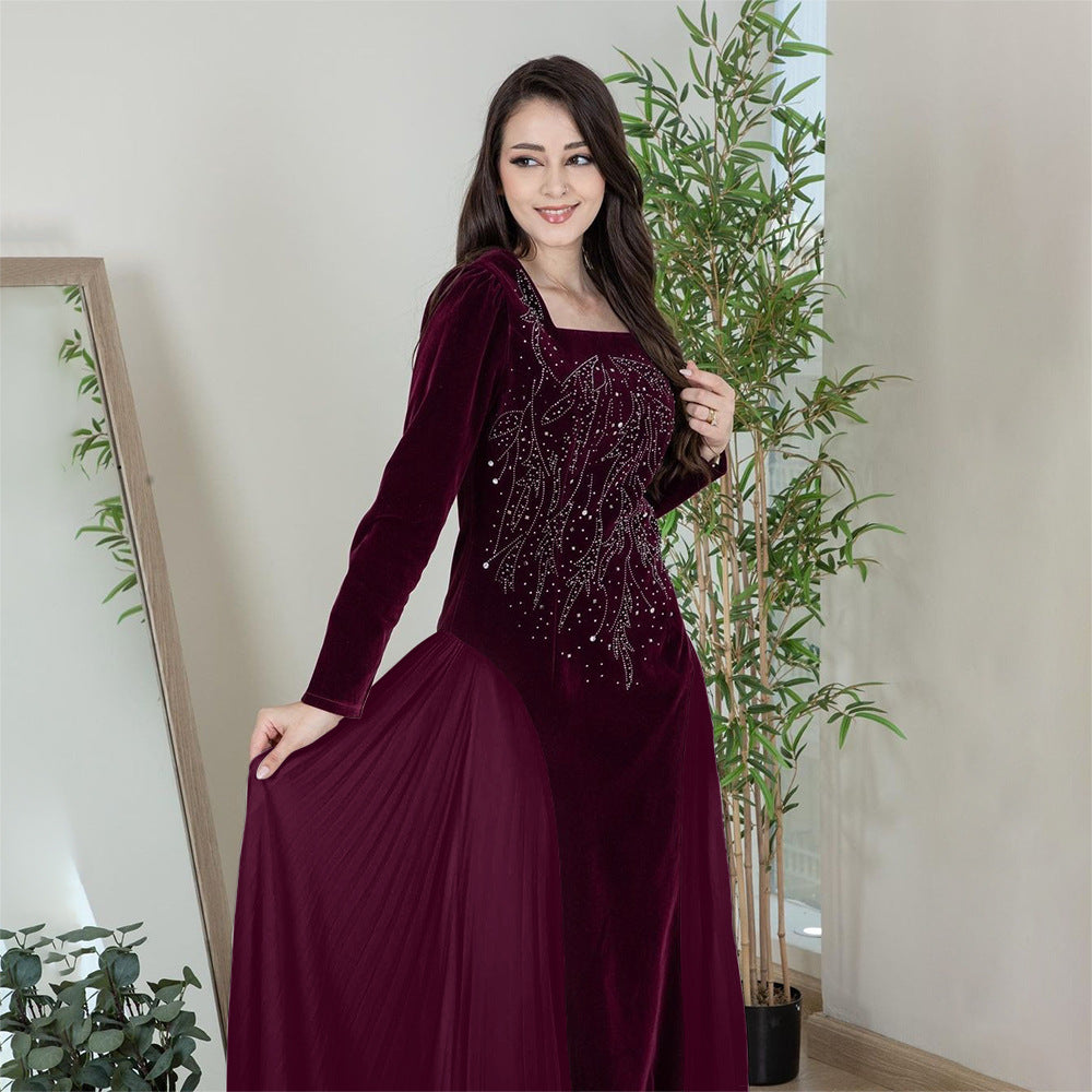 Xqy500222 Dubai Arabic Muslim Korean Velvet Chiffon Stitching Rhinestone Evening Dress Jalabia Women's Dress