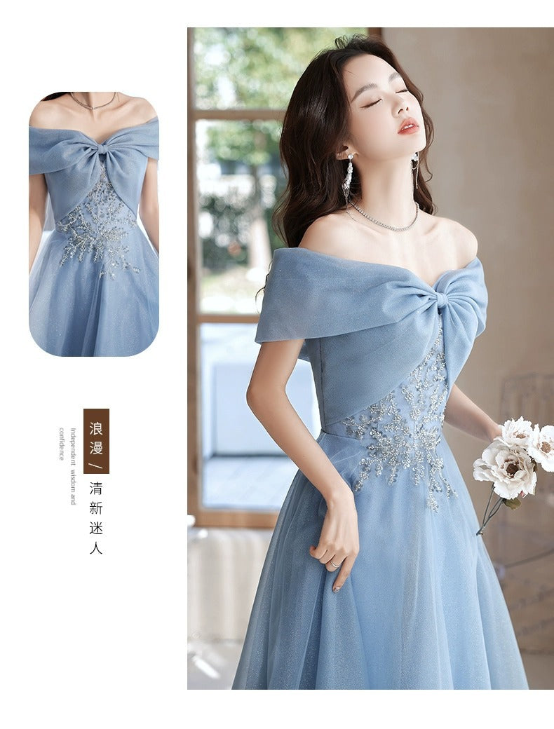 off-Shoulder Blue Evening Dress for Women Banquet Temperament French Entry Lux Niche High-End Host Art Exam Chorus Clothing