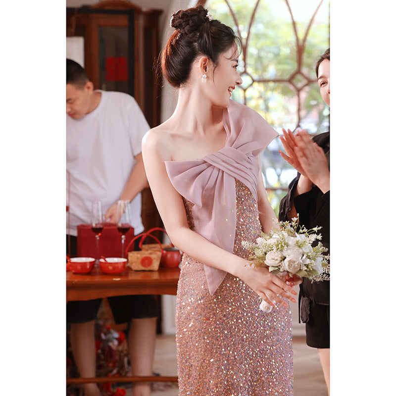 Toast Dress 2024 New Style Pink Bride Small Marriage Engagement High-Grade Wedding Dress Women's Casual Dress