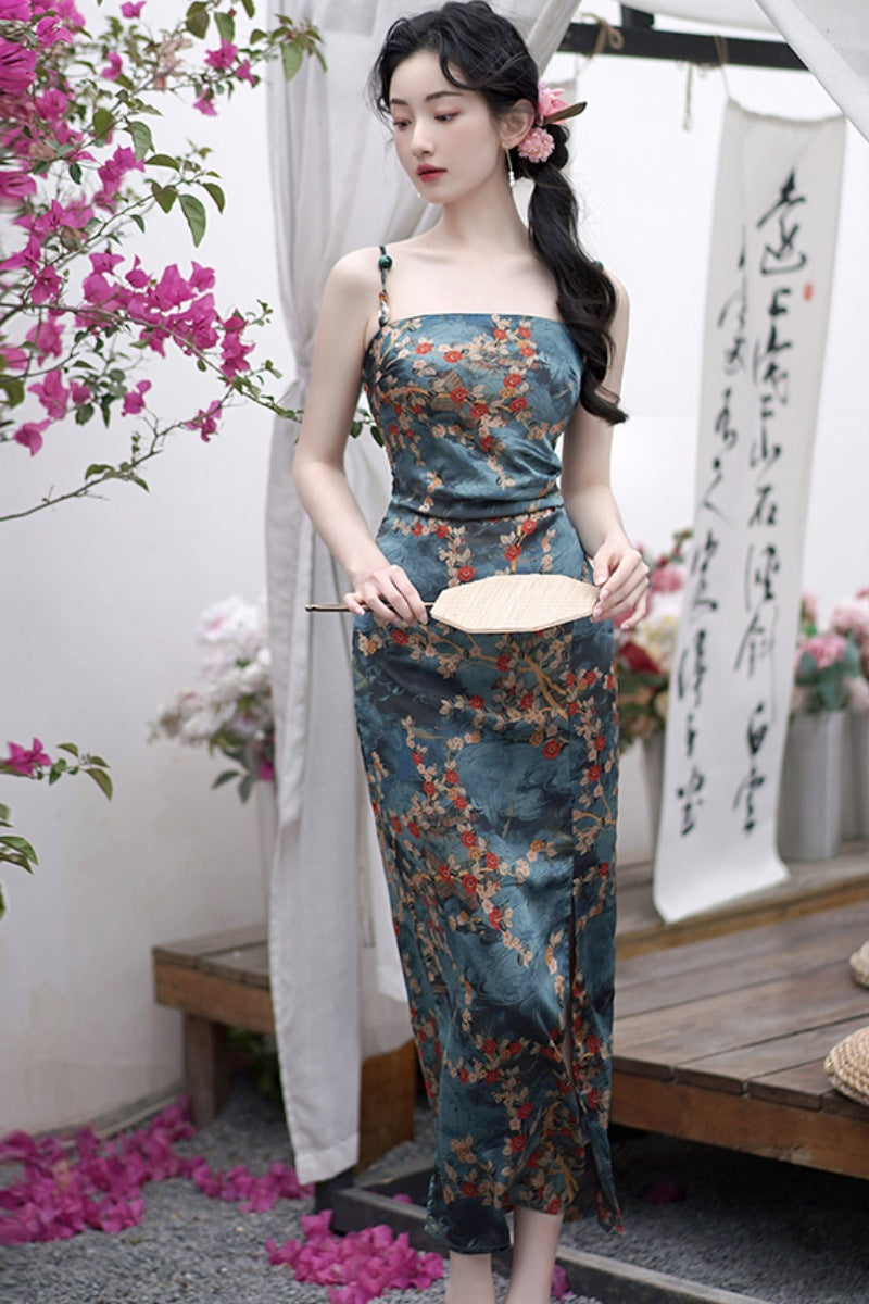 2024 Summer New High Sense Slim-Fit Figure Flattering Long Dress Retro Color Printing Sleeveless Split Dress National Style