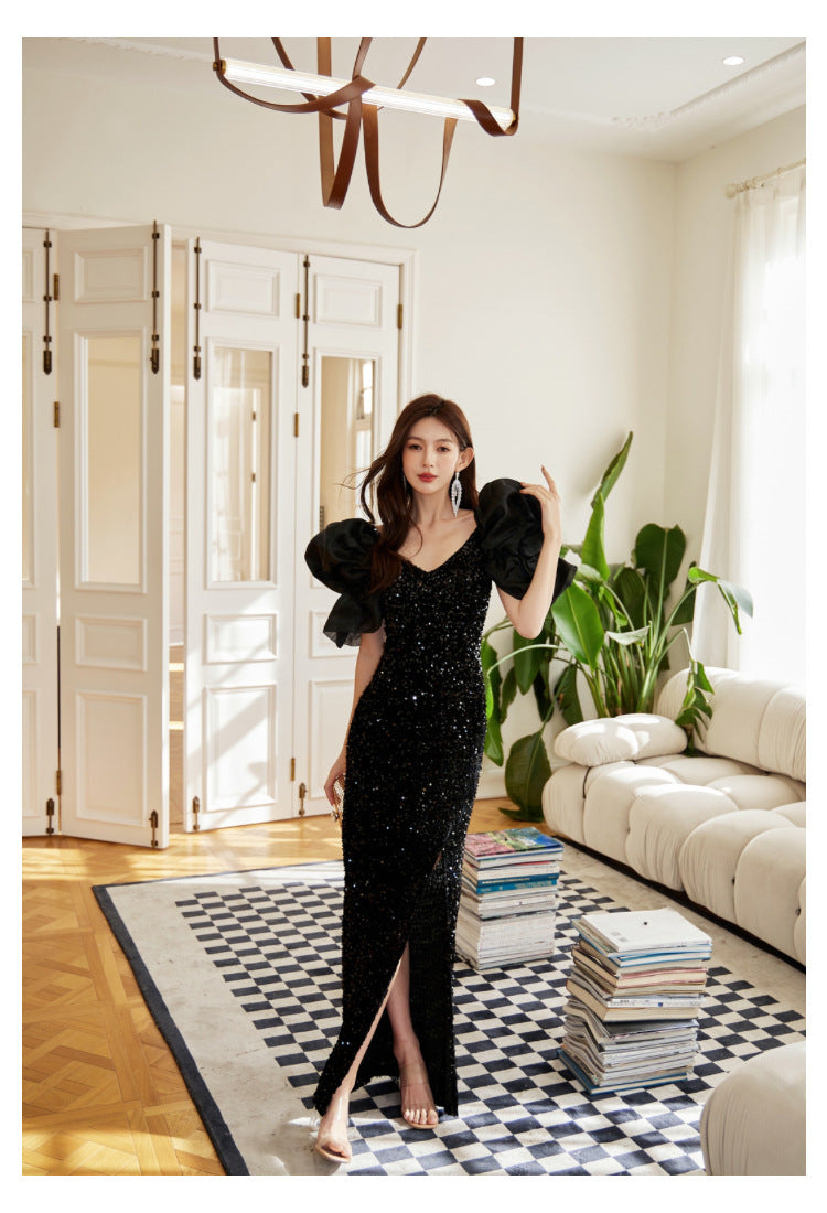 European and American Evening Dress Retro Party Exaggerated Puff Sleeve Sequined Small Dress Design Sense Slit Sheath Skirt Toast Clothing