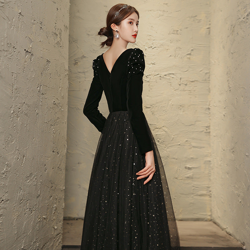 Banquet Evening Dress 2024 New Black Ladies Long Sleeves Graceful Formal Dress Host Performance Dinner Annual Meeting Gift