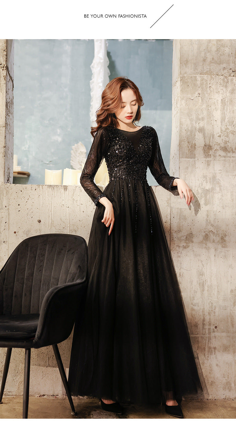 Black Evening Dress Female 2024 Autumn New Master Host Art Exam Dress Choral Performance Long Dress