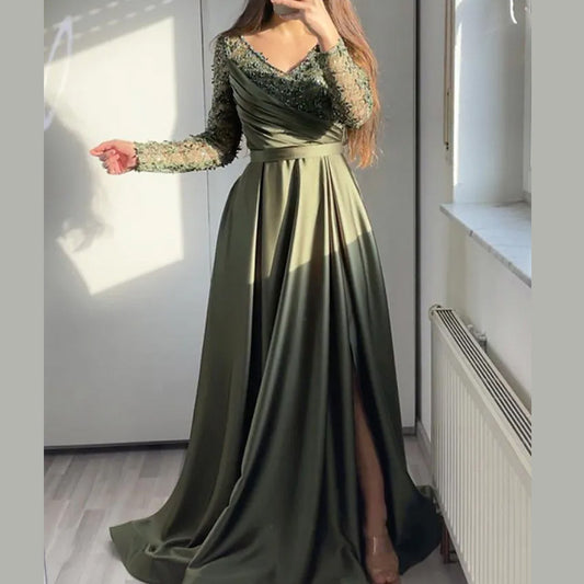 2024 Cross-Border Chest-Wrapped Ruffled Red Black Green Mid-Waist Solid Color Elegant Lace Long Dress Dress Evening Dress