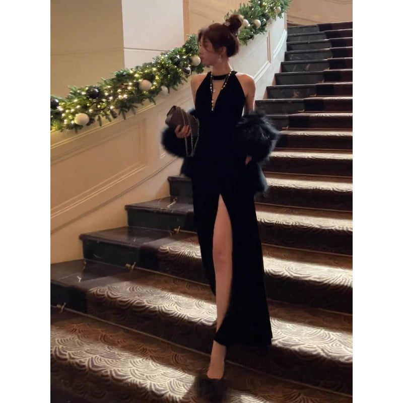 Evening Dress Light Luxury Minority High-End Temperament Socialite Hepburn Wind Black Pure Desire Split Sexy Halter Dress