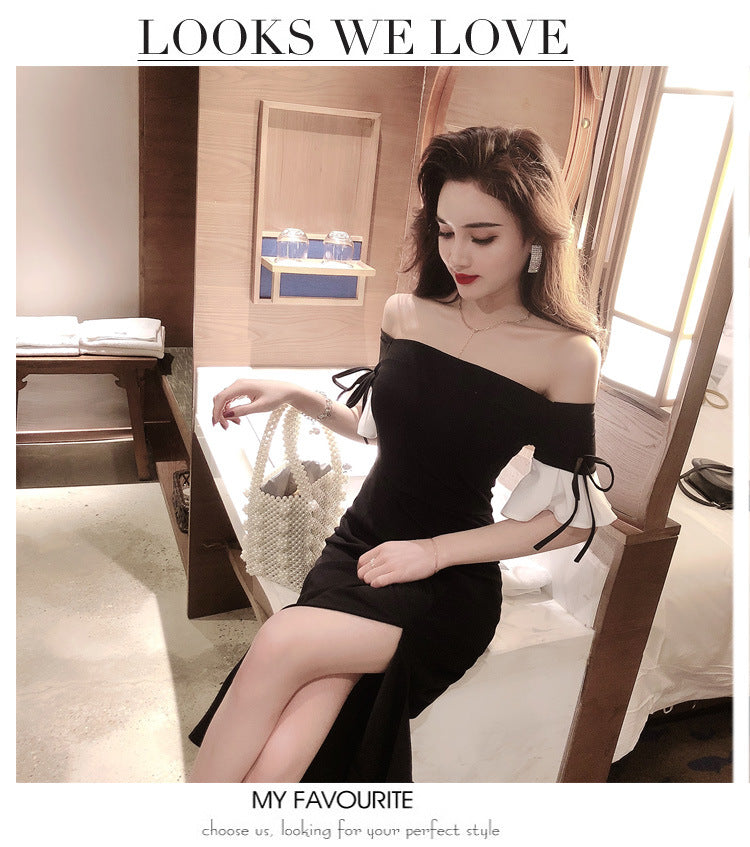 Women's off-Shoulder Black Banquet Evening Dress 2024 New Long Slim Fit Slimming Dress