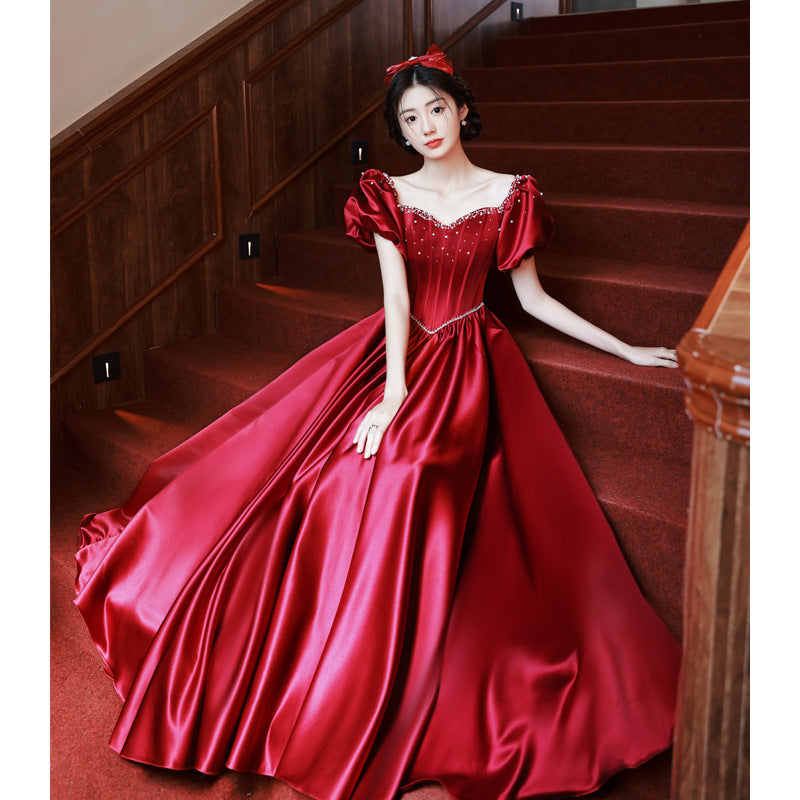 Evening Dress Prom Dresses Ball Gown Satin Dinner Dress Bride Wine Red  Princess Skirt H29898