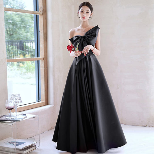 European and American Black Evening Dress 2024 New Spring and Summer Satin Elegant Company Annual Party Banquet Dress Dress