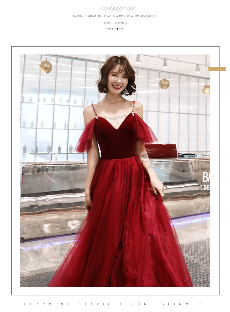 Toast Dress Bride Wine Red Dress Slimming Temperament 2022 New Banquet Strap Handmade Marriage Engagement Dress