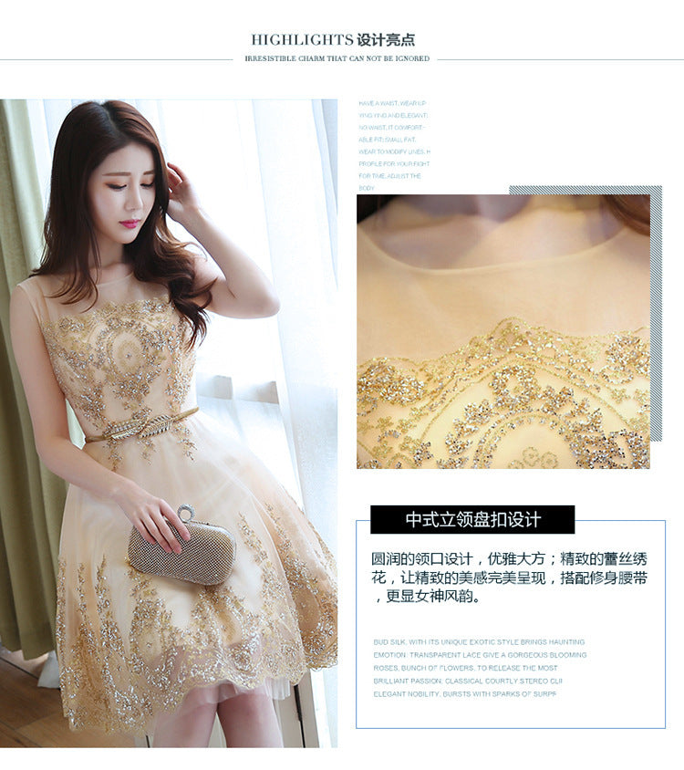 Bridesmaid Dress Short New Fashion Host Gold Evening Dress Slimming Dress for Women