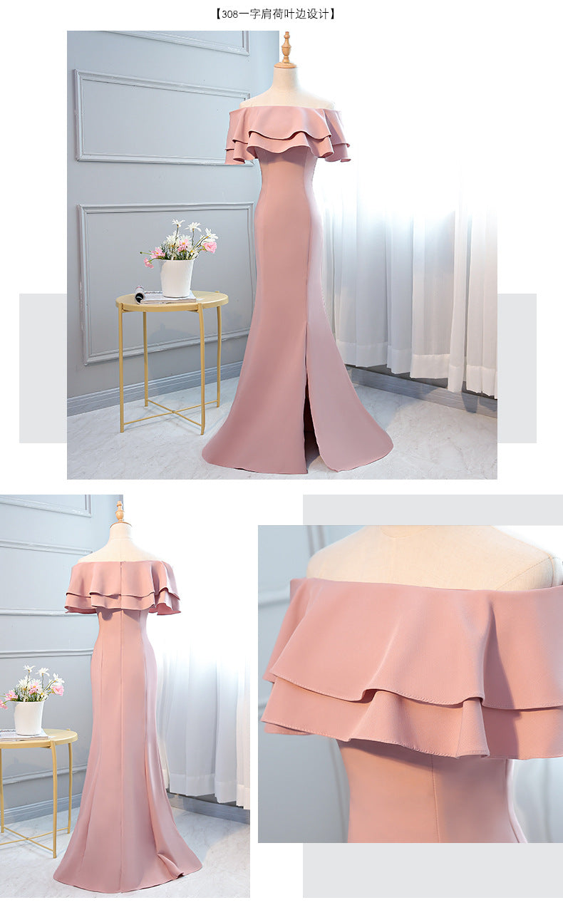 Ladybros' Dress 2023 Summer Autumn New Style off-Shoulder Annual Meeting Pink Figure Flattering Fishtail Dress for the Besties Bridesmaid Dress for Women