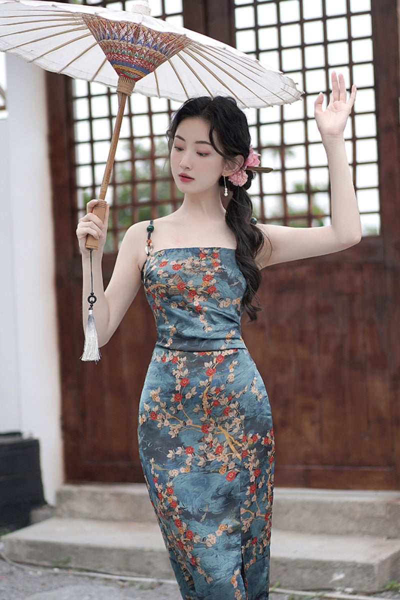 2024 Summer New High Sense Slim-Fit Figure Flattering Long Dress Retro Color Printing Sleeveless Split Dress National Style