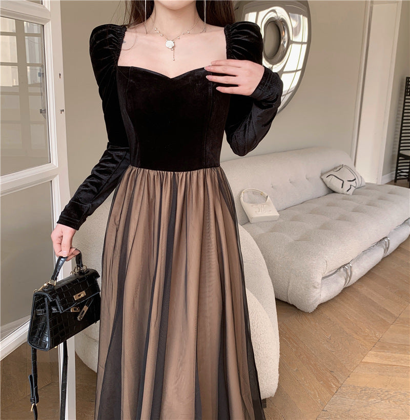 Black Vintage Velvet Dress Women's Autumn and Winter French Temperament Socialite Slim Fit Cinched Mesh Dress Long Skirt