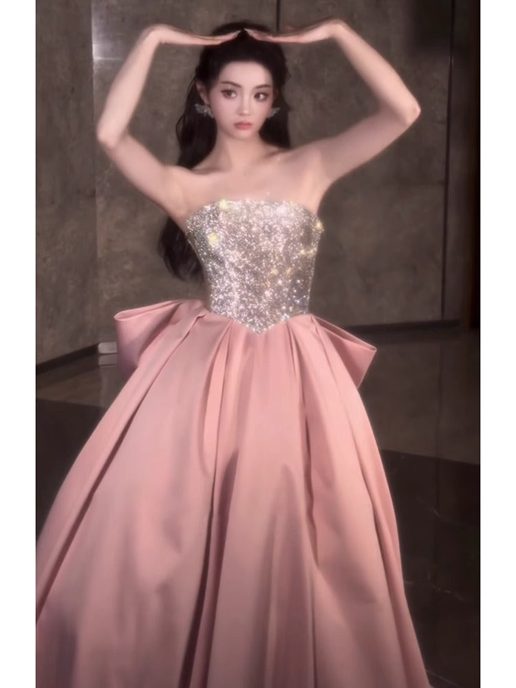 Pink Evening Dress for Women 2024 New High-Grade Tube Top Banquet Temperament Host Birthday Dress 18-Year-Old Adult Ceremony