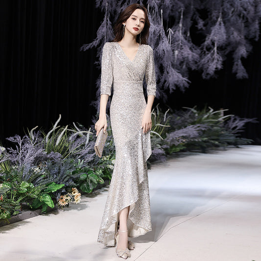 Fishtail Evening Dress 2024 New Style Silver Sequined Elegant Dress Dinner Host Annual Meeting Dress Autumn