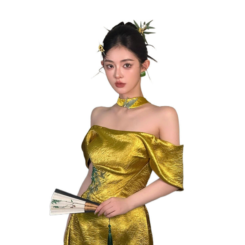 New Chinese Style Morning Gowns Women's 2024 New Tube Top Bride Engagement Formal Dress Toast Clothing off-Shoulder Host Evening Dress