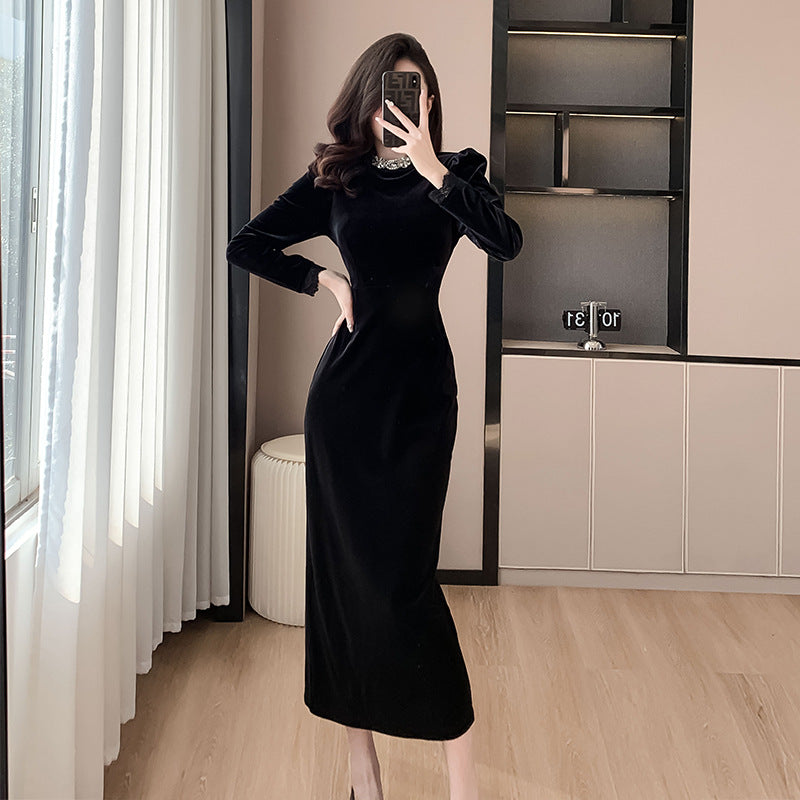 Black Dress High-End Dress Long Light Luxury Beads Rhinestones Long Sleeve Velvet Dress Autumn and Winter Annual Party Banquet Evening Wear