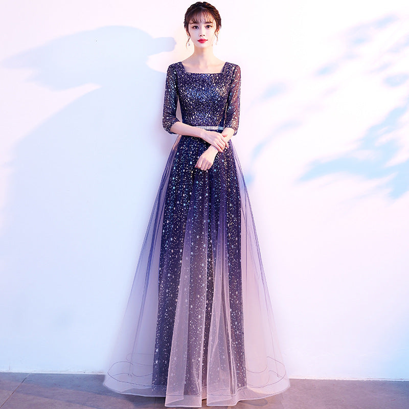 Starry Evening Dress Female Banquet Temperament Daily Style Square Collar Host Chorus Costume Summer Student