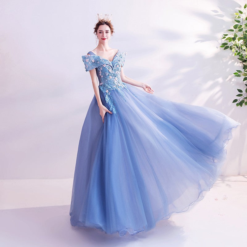 Blue Evening Dress 2024 New Annual Meeting Performance Stage Performance Solo Recitation Host Dress