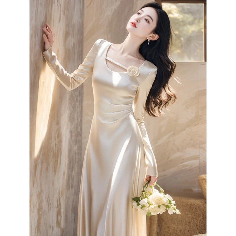 Formal Occasions Elegant White Satin Dress Autumn Wear French High-End Exquisite Classic Style Waist-Slimming Long Dress